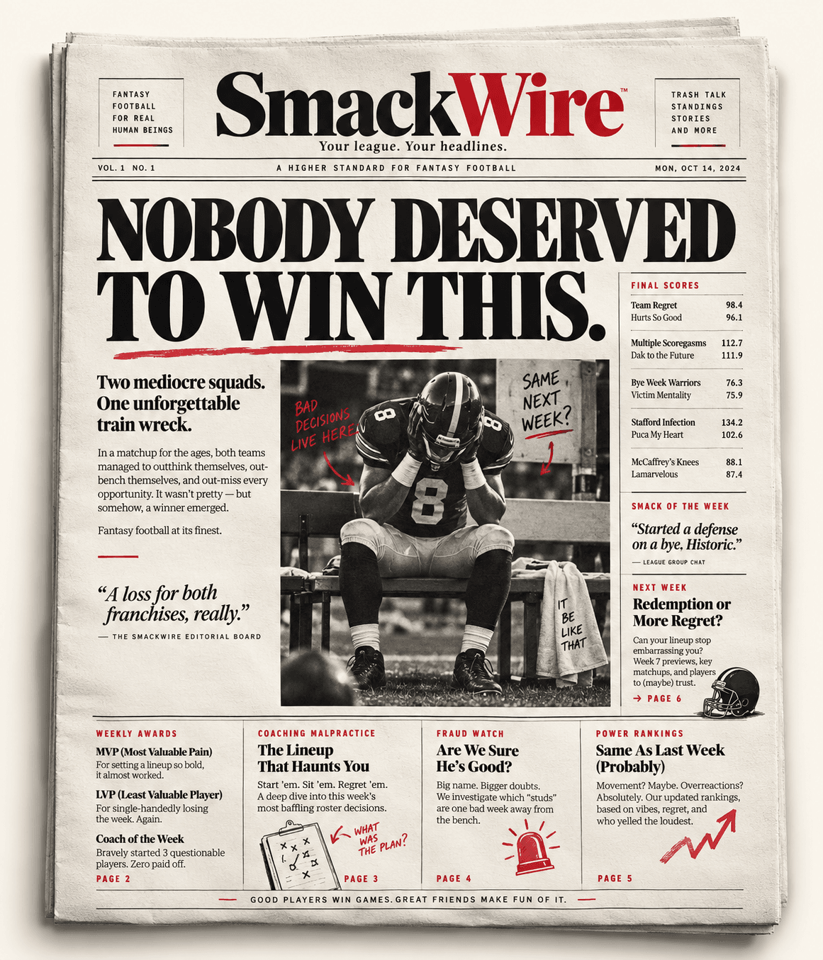 A printed SmackWire front page with the headline “Nobody deserved to win this,” final scores, weekly awards and power rankings.